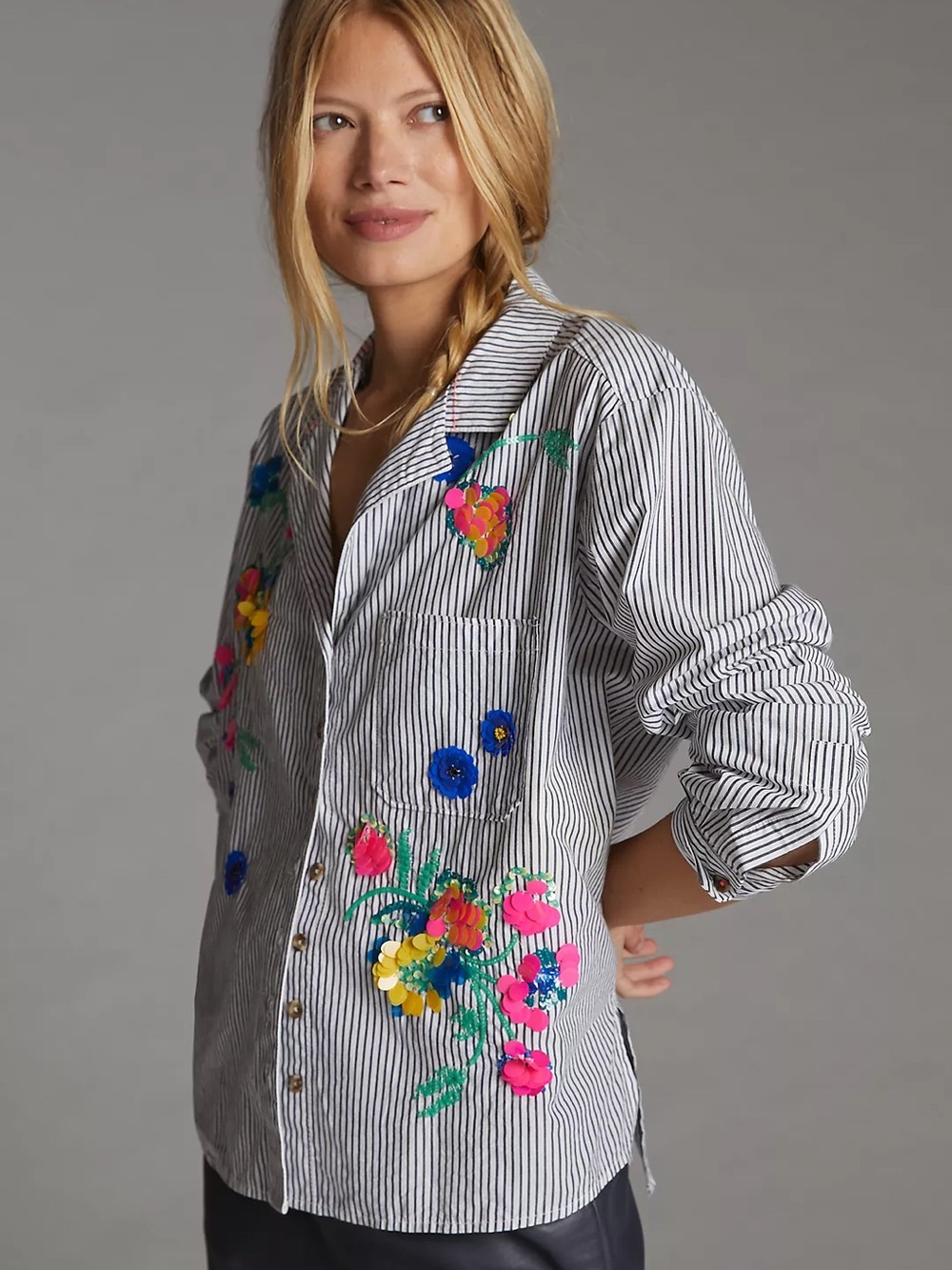 Anthropologie Maeve Floral Sequin Top with Pink TrimBoho Chic Trendy Style Size - Picture 2 of 9